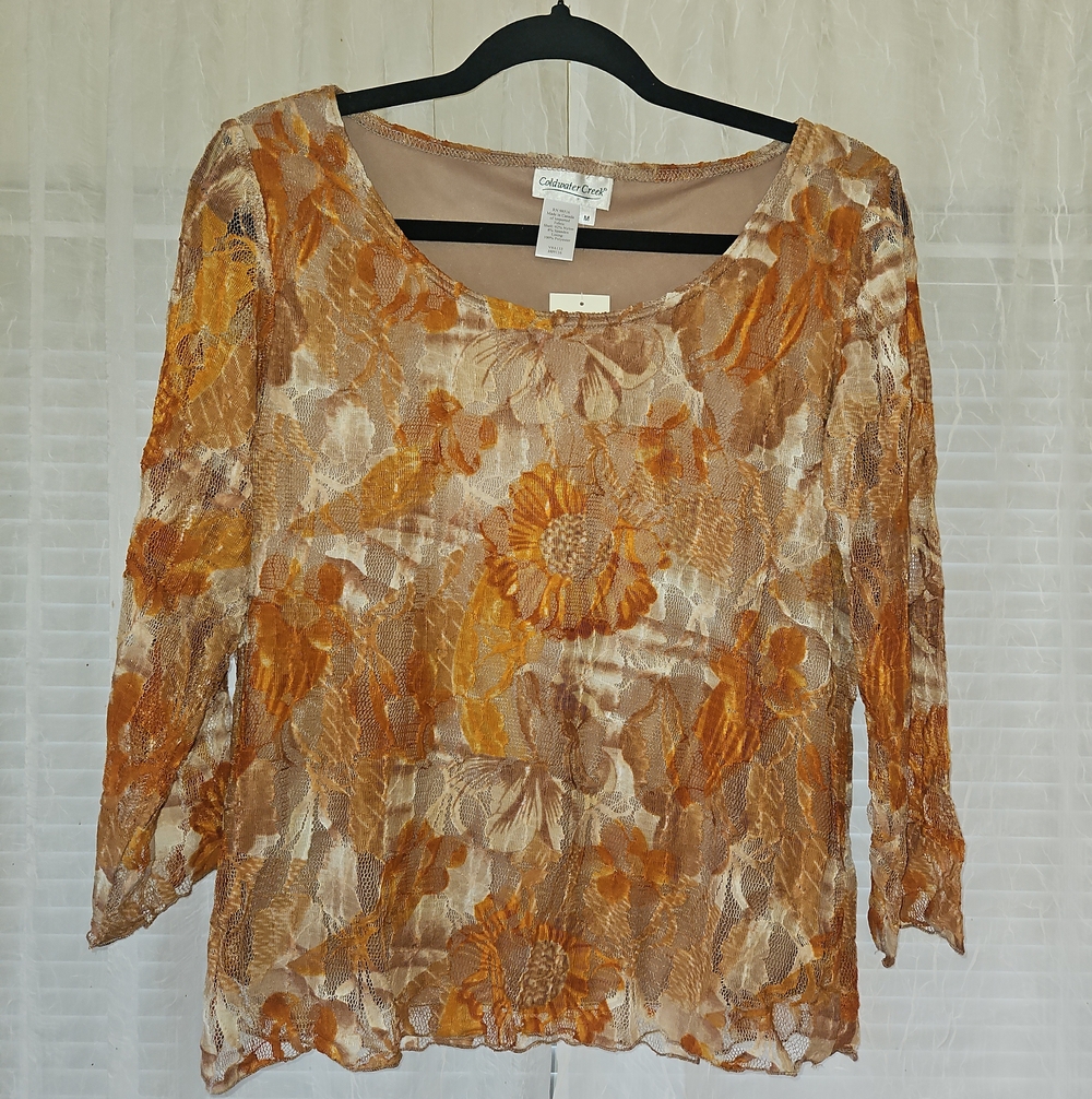 Coldwater Creek Amber & Cream Golden Floral Lace Blouse